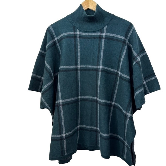 Max Studio Evergreen Plaid Sweater Cape Poncho, Oversized, OS - Picture 1 of 7